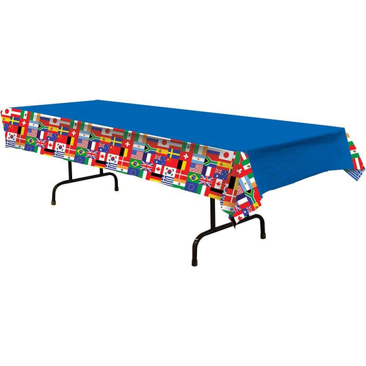 Beistle International Flag Tablecover, Global Party Decorations, Multicultural Rectangular Plastic Tablecloth for Parties, Classrooms, Fairs, 54" x 108"