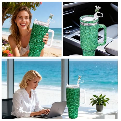 Crown Diamond Straw Topper for Tumblers - Rhinestone Bling Cover, Dark Green