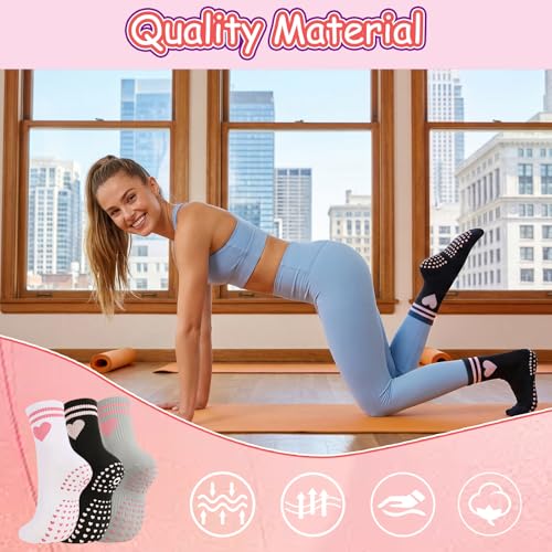 Non-Slip Pilates Yoga Socks for Women - Embroidered Lace Cuff - Black, White, Gray
