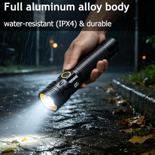 Gotellx 1 Pack Rechargeable LED Flashlight with Digital Power Display, USB-C