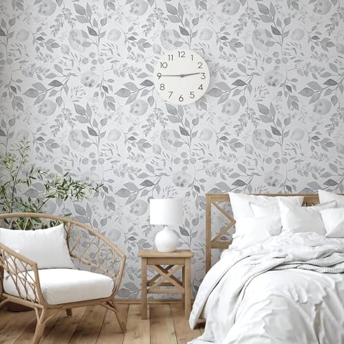 Gray Breezy Leaves Peel and Stick Wallpaper 17.7¡± x 118¡± Neutral Watercolor Floral Leaf Contact Paper Self-Adhesive Vinyl for Drawer Cabinets Furniture Accent Walls