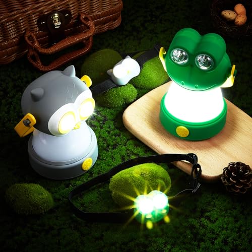 VIHOSE 2 Set Kids LED Camping Lantern and Headlamp 4 Pcs Animal Themed Camping Equipment Nightlight Battery Powered Night Light for Emergency Hurricane Lightweight Tent Lamp for Children