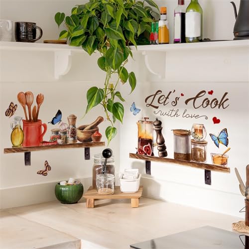 Bowl Kitchenware Spice Jar Shelf Butterfly Wall Stickers, sacinora Let¡¯s Cook with Love Wall Decals Removable Vinyl Peel and Stick for Kitchen Dining Restaurant Baking Room Bar Home Decor