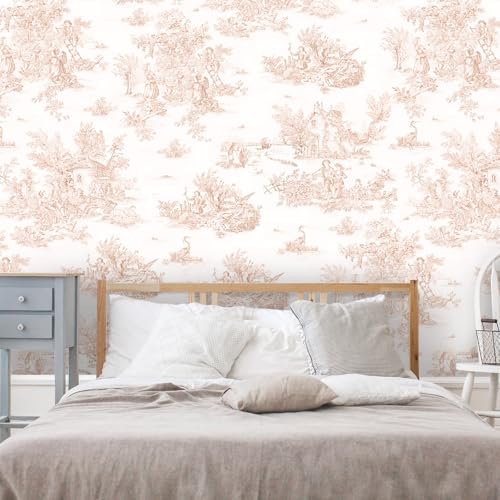 18ft x 20.5 Inch Pink Chateau Toile Peel and Stick Wallpaper with Smoothing Tool Kit Blush Removable Self Adhesive Vintage Wallpaper Toile Contact Paper for Bedroom Bathroom Walls Covering