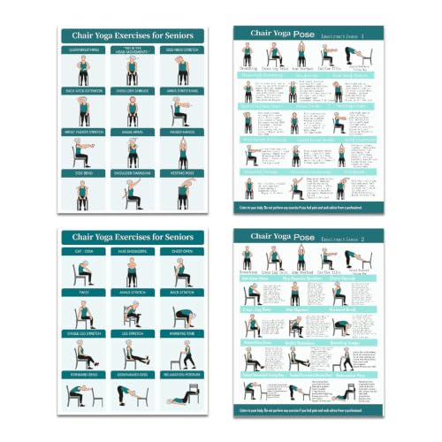 Chair Yoga Exercise Posters - 4 Pack Seated Workout Charts - Green