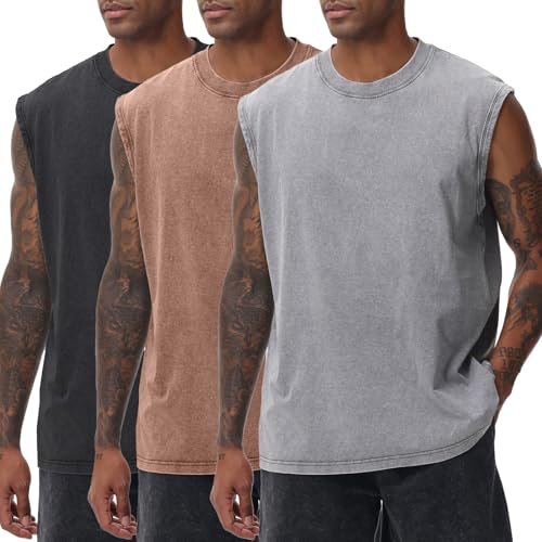 Men's Sleeveless Workout Tank Top - Acid Wash Loose Fit Tee