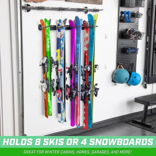 GoSports Wall Mount Ski & Snowboard Rack - Holds 8 Skis or 4 Snowboards, Black, 8-Set Version