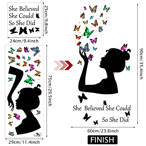 Chinco Inspirational Quote Wall Decals Butterfly She Believed She Could So Did Wall Stickers Positive Sayings Vinyl Stickers for Women Graduation Back to School Bedroom Living Room Office Classroom
