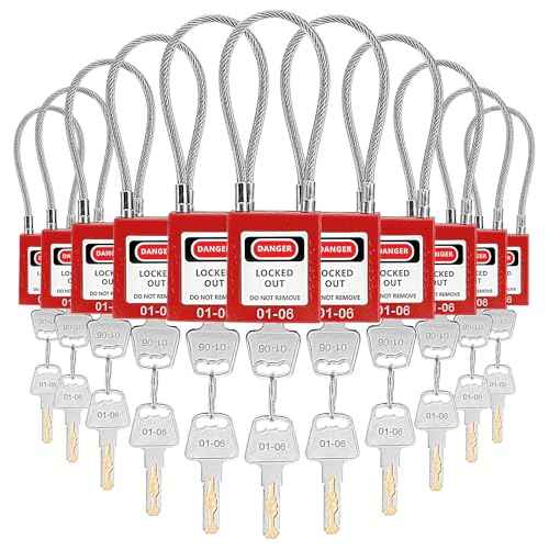 10 Pack Lockout Tagout Locks, Steel Cable Compact Loto Safe Padlock Set, Red Keyed Lock with 20 Keys, Different Numbers Safety Locks for Electrical Stations and Devices Kits