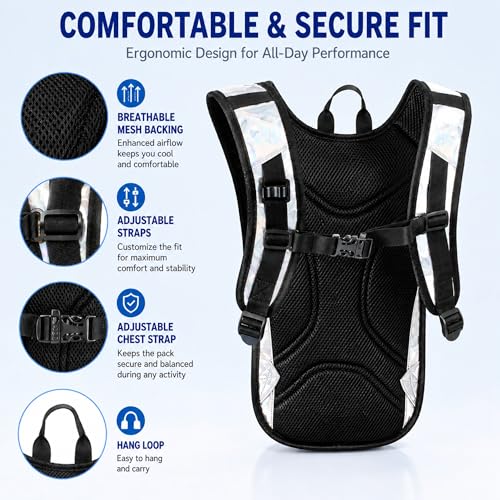 Reflective Hydration Backpack - 2L Bladder, Pearl White for Festivals