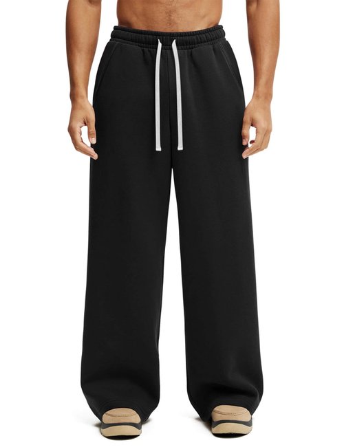 HeSaYep Men's Baggy Sweatpants Wide Leg Fleece Lined Lounge Sweat Pants Winter Thermal Cotton Athletic Pants Open Bottom Straight Leg Workout Pants with Pockets Black L