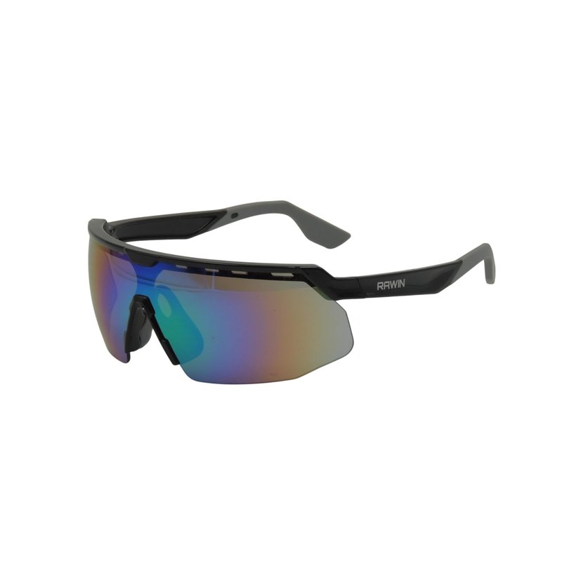 RAWIN High-Performance Sports Sunglasses for Cycling, Baseball, Running | Durable Wrap-Around Design (Shiny Black Frame with Grey Nose Pad & Tips/Green REVO Lens)