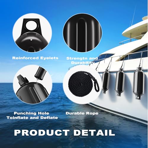SOTISI 4-Pack Inflatable Boat Fenders 4.5–8.5 in Ribbed, Twin-Eye with 4 Ropes & Pump