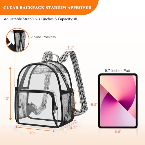 Clear Mini Backpack for Stadium Events - 12x10x4.2, Black Guitar Strap