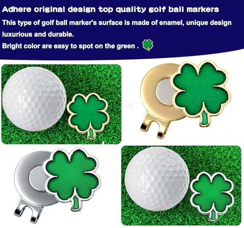 Personalized Golf Ball Markers with Magnetic Hat Clips - Gold+Silver Four-Leaf Clover