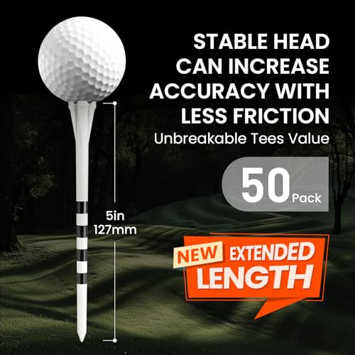 FINGER TEN Extra Long Golf Tees 5 Inch, 50 Pack, White, Durable Plastic