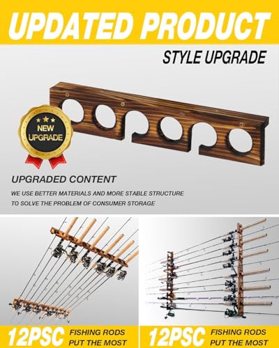 Fishing Rod Holder for Wall or Ceiling - Holds 6 Rods, Durable Wood