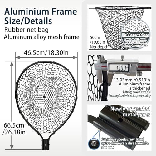 SEASPRO Black Telescoping Rubber Fishing Net with Handle & Extra Replacement Net, 59" Extendable Kayak & Saltwater Fishing Gear
