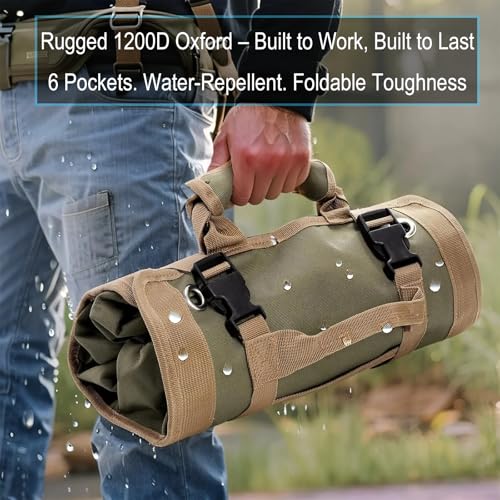 Roll Up Tool Bag Organizer: Compact Heavy Duty 1200D Oxford Waterproof with 6 Pockets ? Gift for Electrician Carpenter Mechanic & DIYer