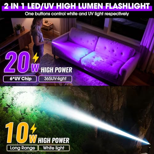 30W UV Flashlight with 365nm Black Light & White Light, 5000mAh Rechargeable