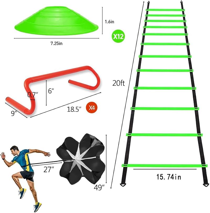 Agility Ladder Training Set - 20ft with Hurdles & Parachute - Green