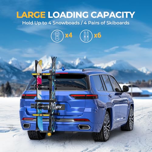 Lockable Folding Ski & Snowboard Rack for 2" Receiver - Holds 6 Skis or 4 Boards