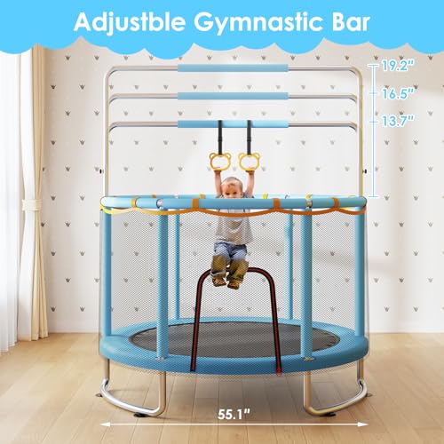 Kids Trampoline with Safety Net & Adjustable Bar - 55" Blue