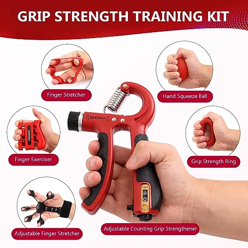 Grip Strength Trainer Kit - 13 PCS Hand & Forearm Exerciser - Red