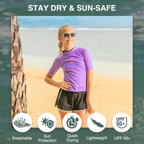 Girls' UPF 50+ Short Sleeve Rash Guard Swim Shirt - 2T, Cori Neon Purple