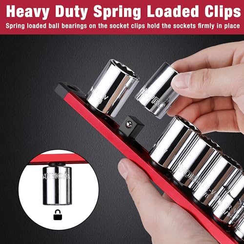 WORKPRO Magnetic Socket Organizer Set, 3-Piece Aluminum Alloy Socket Rail, Heavy Duty Socket Holder, Socket Rack Kit 1/4-Inch x 12 Clips, 3/8-Inch x 10 Clips, 1/2-Inch x 10 Clips (Red)