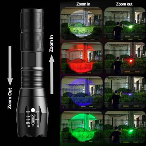 MVIOCS 2000 Lumen Rechargeable 4-Color LED Flashlight, Zoomable Aluminum Black