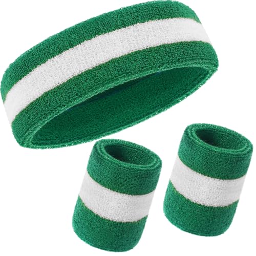 Neon Striped Sweatbands Set - Headband & Wristbands - Green/White