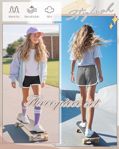 Girls Athletic Shorts - 3 Pack, Khaki + Light Heather Gray + Black, 11-12 Years