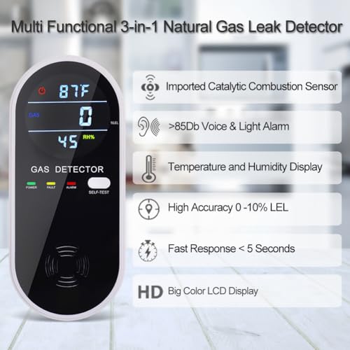 3-in-1 Combustible Gas Detector with Temperature and Humidity Display, Plug-in Portable Combustible Gas Leak Alarm£¬Natural Propane Gas Detector for Kitchen£¬Living Room£¬Bedroom.