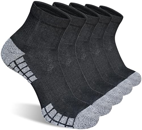 Suaskk Men's Athletic Cushioned Breathable Running Quarter Socks 5 Pairs - Black, Size 9-12