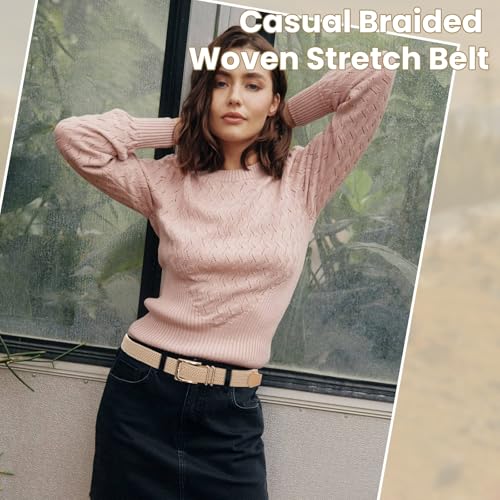 Casual Braided Woven Stretch Belt - A-Beige, Fit Waist 33-36 Inches