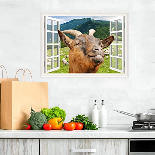 Vinyl Window Decals Funny Goat Wall Art Sticker Peel and Stick Removable 3D Window View Goat Fun Wall Mural Sticker for Kids Bedroom Playroom Office Art Room Decor