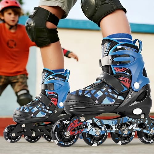 Kuxuan Kids Adjustable Inline Skates with Light-Up Wheels - Spider Blue, Large (Ages 5-12)