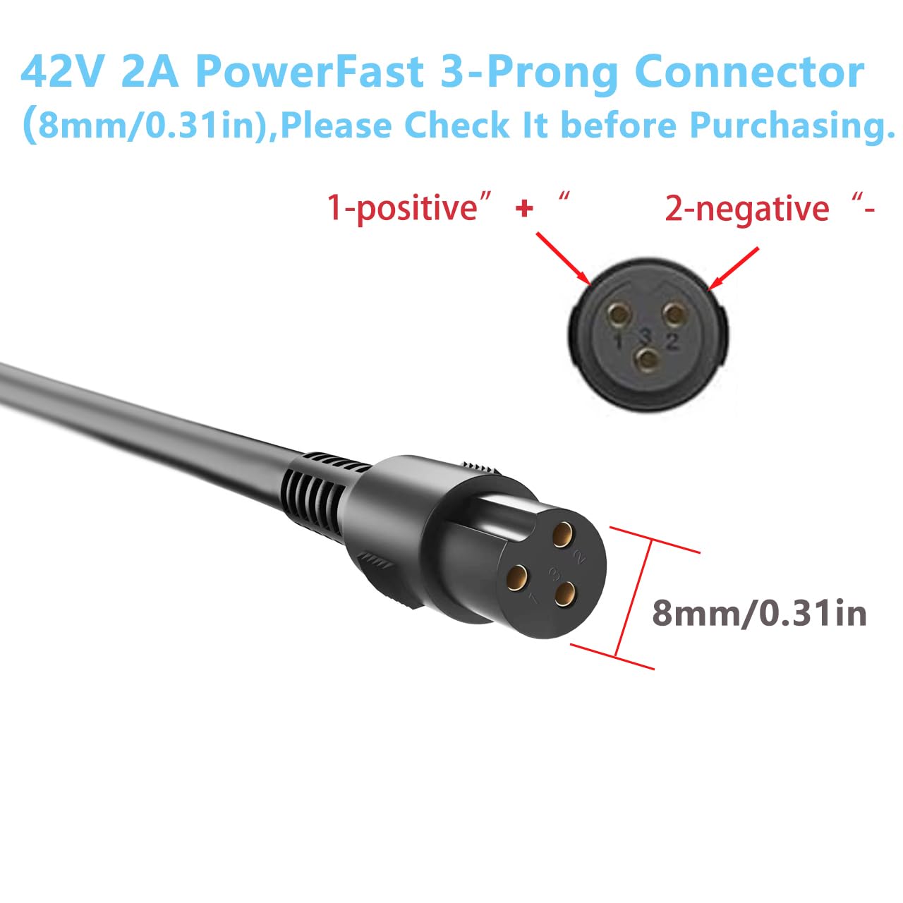 EWUNAX SGS Certified 42V 2A Power Adapter PowerFast 3-Prong Inline Connector for 36V Sports Mod,Pocket Mod Lithium Battery,Lithium Battery Power Charger.