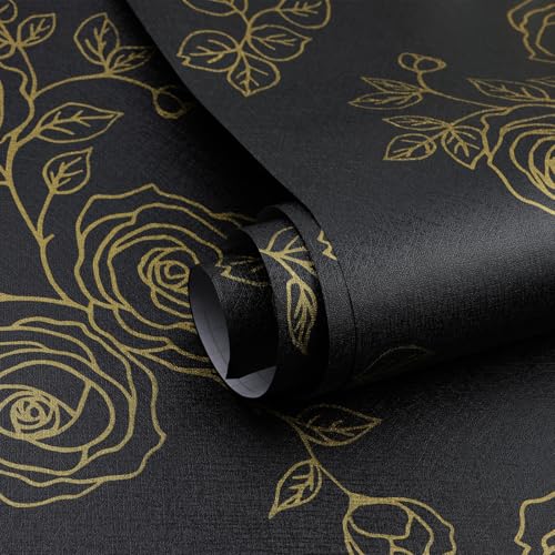 Amiya Black and Gold Floral Wallpaper Peel and Stick Wallpaper Line Boho Retro Renovation of Bedrooms,Cabinets,Etc Contact Paper 17.3" X 120" PVC Removable Wall Paper