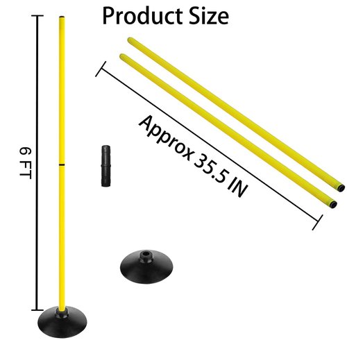 ASENVER 6FT Soccer Agility Poles with Rubber Base Detachable Speed Agility Stick Slalom Speed Training Pole Set for Sports (Pack of 6, Yellow)