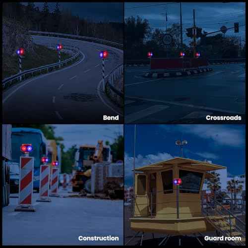 Solar Strobe Warning Light, 3 Working Modes Double Side Red Blue Flash Traffic Lights Wireless Rechargeable Waterproof Safety Barricade Warning Lights for Road Construction (Iron Clamp)