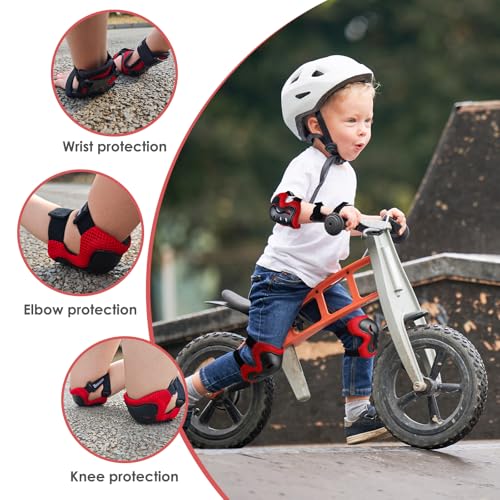 Kids Protective Gear Set - Knee Pads, Elbow Pads & Wrist Guards - Black/Red, Small (3-8 Years)
