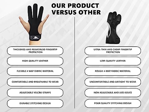 Genuine Leather Archery Gloves - 3 Finger Protector - Black 4-Way Stretch Fabric - Youth-Medium