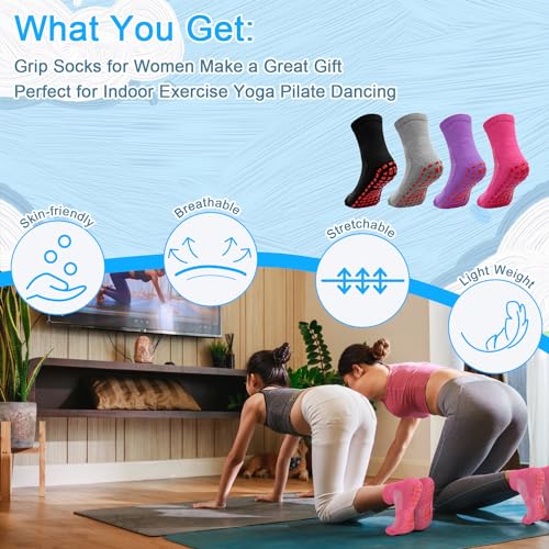 Non-Slip Grip Socks for Women - Yoga, Pilates, Dance - 4-10 Pairs, Multicolor