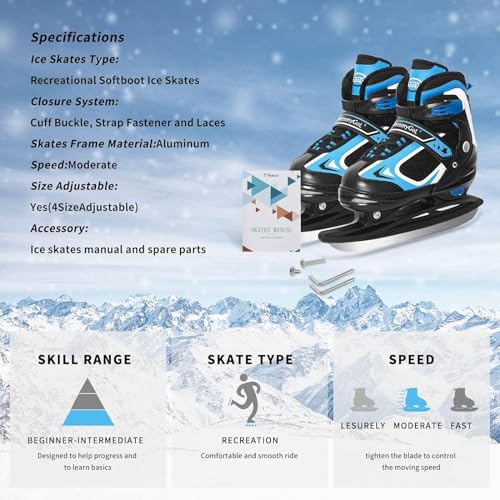 MammyGol Adjustable Kids Ice Skates Blue Medium US 1-4 Recreational Hockey