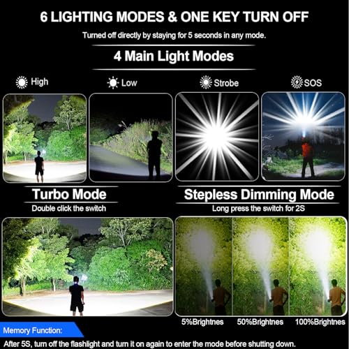 AdamStar Flashlight High Lumens Rechargeable Super Bright Flashlight Zoomable LED Flash Light with Dimmable, 6 Modes Waterproof Handheld Powerful Tactical Flashlights for Camping Emergency (2 Pack)
