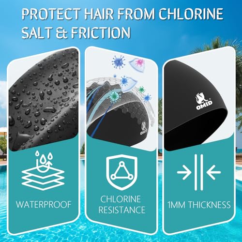 OMID Extra Large Silicone Swim Cap for Long Thick Hair Women Black Waterproof Non-Slip Pool & Beach Use