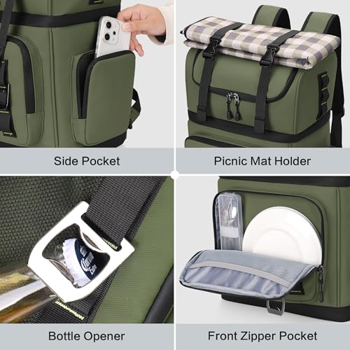 YOUNGOA Green Large 44 Can Cooler Backpack with Dual Insulated Compartments