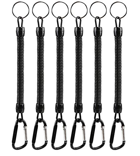 Pack of 6 Coiled Fishing Lanyards with Carabiners - Black